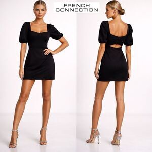 French Connection Whisper Cut Out Mini Dress Black NWT 71MZR Puff Sleeve Size 10